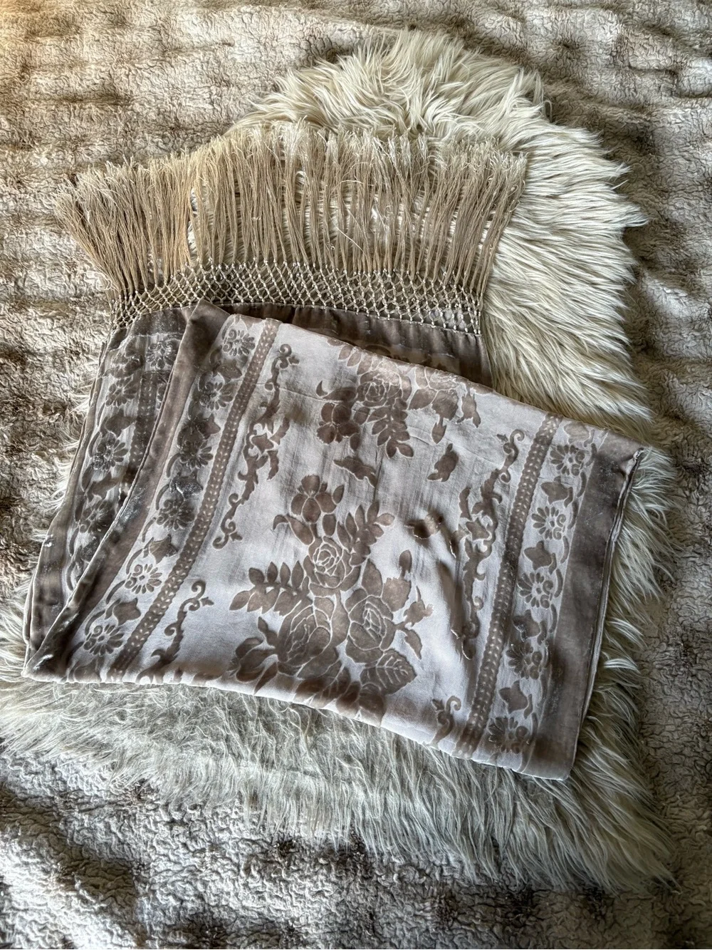 Beige Floral Fringe Shawl